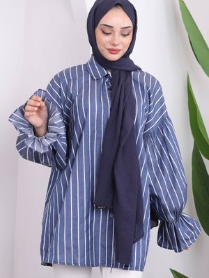 Lacivert Kol Lastikli Çizgili Gömlek