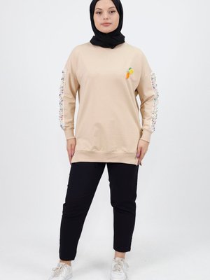 Bej Kolları Nakış Detaylı İplik Sweatshirt Bej Kolları Nakış Detaylı İplik Sweatshirt