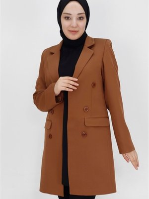 Kahverengi Düğme Detaylı Kruvaze Yaka Blazer Ceket Kahverengi Düğme Detaylı Kruvaze Yaka Blazer Ceket