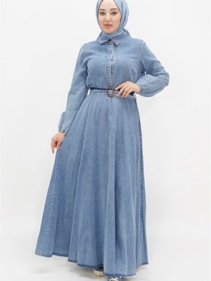 Buz Mavi Balon Kol Ve Kemerli Kot Spor Elbise Buz Mavi Balon Kol Ve Kemerli Kot Spor Elbise