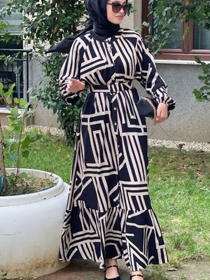Siyah Bej Kemerli Oversize Yazlık Viskon Elbise