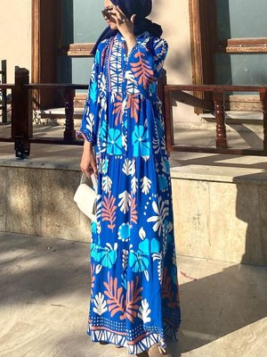 Mavi Ekru Desenli Viskon Elbise