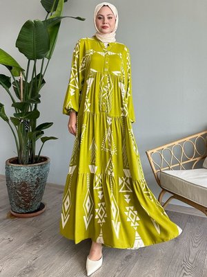 Geometrik Şekilli Yağ Yeşili Viskon Elbise