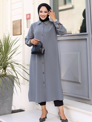 Kare Çıt Düğmeli Uzun Tunik