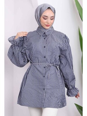 Lacivert Kol Lastikli Beli İpli Çizgili Tunik