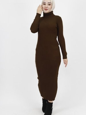 Kahve Boğazalı Fitilli Triko Elbise Kahve Boğazalı Fitilli Triko Elbise