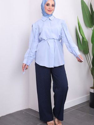 Bebe Mavi Yaka Detaylı Bel İpli Gömlek