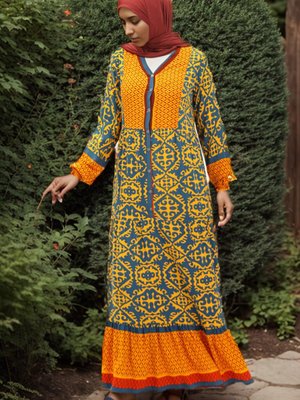 İndigo Sarı Desenli Viskon Elbise İndigo Sarı Desenli Viskon Elbise