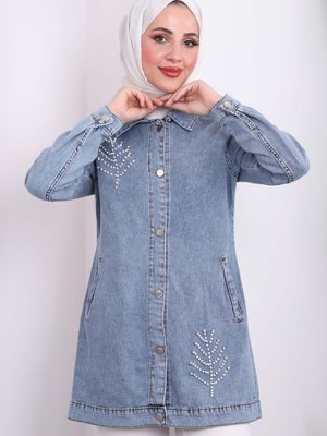 Mavi Taşlı Detaylı Kot Ceket