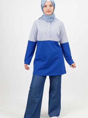 Lacivert Gömlek Garnili Çizgili İplik Kumaş Sweatshirt Lacivert Gömlek Garnili Çizgili İplik Kumaş Sweatshirt