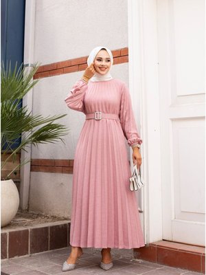 Gül Kurusu Bisiklet Yaka,kolu Lastikli Ve Kemerli Şık Piliseli Keten Elbise Gül Kurusu Bisiklet Yaka,kolu Lastikli Ve Kemerli Şık Piliseli Keten Elbise