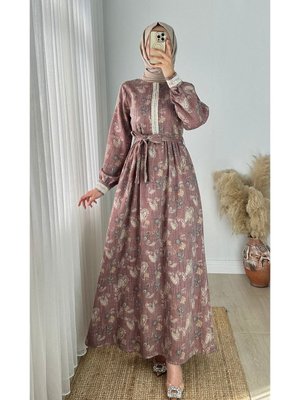 Dantel Detaylı Şal Desen Keten Elbise Dantel Detaylı Şal Desen Keten Elbise