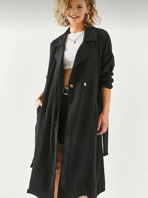 Siyah Ekstra Bol Kesim İnce Kemerli Cepli Düğmeli Yumuşak Dokulu Uzun Hırka Trençkot Siyah Ekstra Bol Kesim İnce Kemerli Cepli Düğmeli Yumuşak Dokulu Uzun Hırka Trençkot