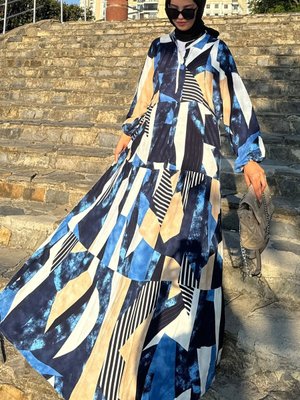 Lacivert Desenli Oversize Yazlık Viskon Elbise