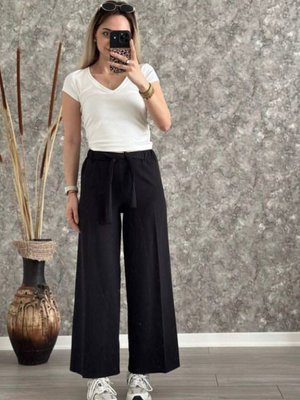 Siyah Bağlama Detay Bol Paça Double Kumaş Pantolon