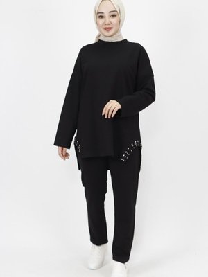 Siyah İp Kumaş Yanı Taş Detaylı 2li Takım Siyah İp Kumaş Yanı Taş Detaylı 2li Takım