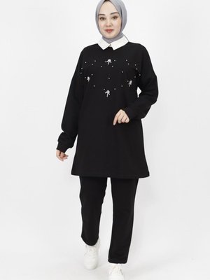 Siyah Gömlek Yaka İnci Ve Taş Detaylı İp Kumaş Takım Siyah Gömlek Yaka İnci Ve Taş Detaylı İp Kumaş Takım