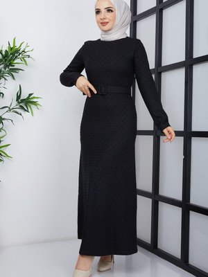 Siyah Buğlem Ponpon Kışlık Elbise
