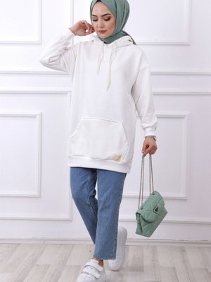 Ekru Owersize Kanguru Cepli Içi Yumuşak Kapşüşonlu Sweat