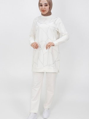 Ekru Taş Şerit Detaylı 2ip Kumaş Takım