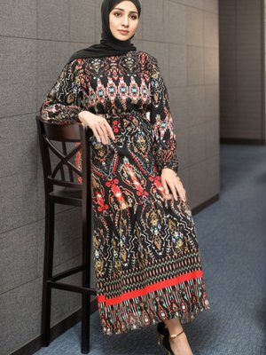 Siyah Desenli Viskon Elbise