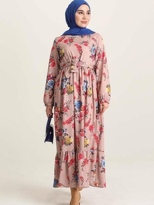 Vizon Kırmızı Çiçek Desenli Kuşaklı Elbise