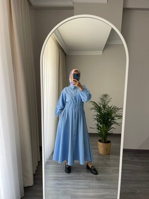 Çıtçıtlı Bel Lastikli Büzgülü Tesettür Elbise