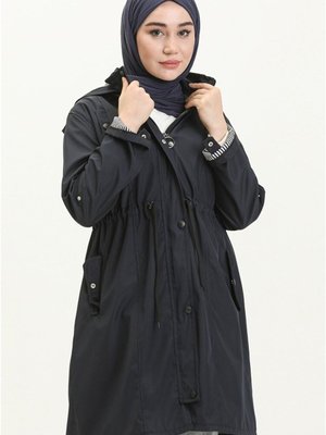 Lacivert Battal Beden Orta Boy Bondit Kumaş Trençkot Lacivert Battal Beden Orta Boy Bondit Kumaş Trençkot