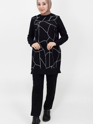 Siyah Taş Şerit Detaylı 2ip Kumaş Takım Siyah Taş Şerit Detaylı 2ip Kumaş Takım