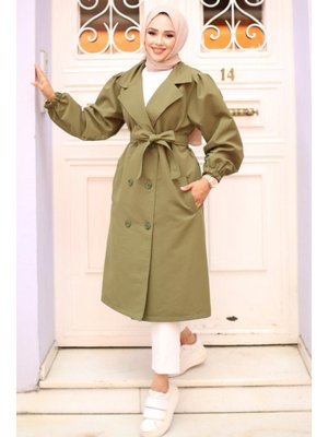 Haki Omzu Pileli Detaylı Trençkot Haki Omzu Pileli Detaylı Trençkot