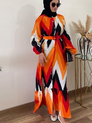 Turuncu Siyah Zikzak Desen Kemerli Oversize Yazlık Viskon Elbise