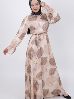 Bej Yaprak Desenli Büzgü Detaylı Şifon Elbise Bej Yaprak Desenli Büzgü Detaylı Şifon Elbise