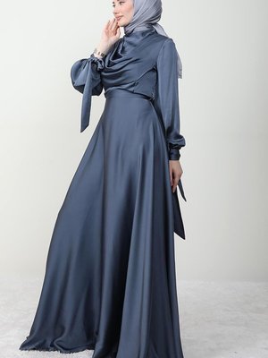 Kol Bağlamalı Degaje Abiye Elbise Gri Mavi