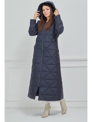 Lacivert Kapüşonlu Fermuar Kapamalı Büyük Beden Kapitone Kap