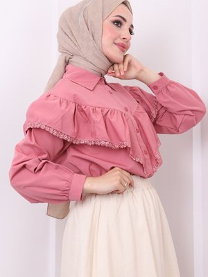 Gül Kurusu Ön Katlı Güpürlü Gömlek