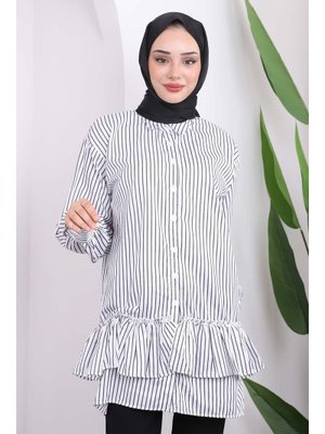 Siyah Çizgili Etek Ucu İncili Tunik Siyah Çizgili Etek Ucu İncili Tunik