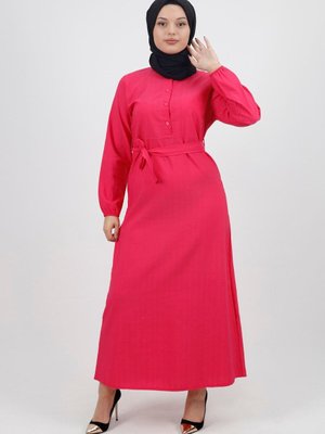 Fuşya Keten Kumaş Kemerli Düğmeli Elbise Fuşya Keten Kumaş Kemerli Düğmeli Elbise