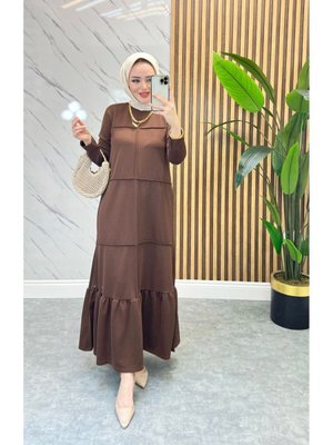 Kahverengi Nervür Detaylı Elbise Kahverengi Nervür Detaylı Elbise