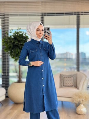 Cep Kapağı Zımba Detaylı Kot Tunik