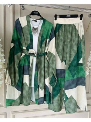 Şahin Desenli Hasır Bel Pantolon Kimono İkili Takım