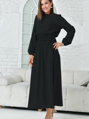 Siyah Bisklet Yaka Uzun Kollu Gofre Elbise