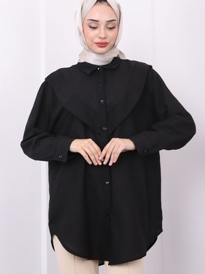 Siyah Yaka Detaylı Keten Tunik