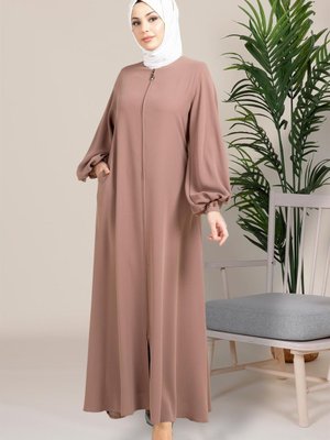 Samyeli Kol Manşeti Boncuklu Plili Kloş Sütlü Kahve Ferace