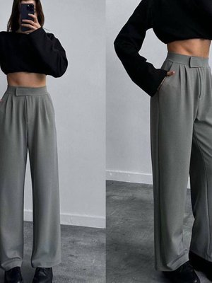 Gri Cırtlı Palazzo Crep Pantolon