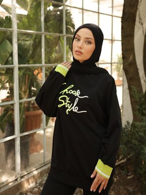 Siyah Eşofman Takımı Oversize Nakışlı Iplik Likra