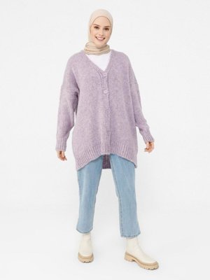 Düğmeli Triko Hırka Lila Düğmeli Triko Hırka Lila