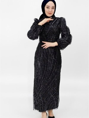 Siyah Simli Tül Kumaş Balon Kol Abiye Elbise Siyah Simli Tül Kumaş Balon Kol Abiye Elbise