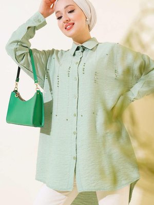 Uzun Kollu Yaka Ağaç Kabuğu Taşlı Oversize Gömlek