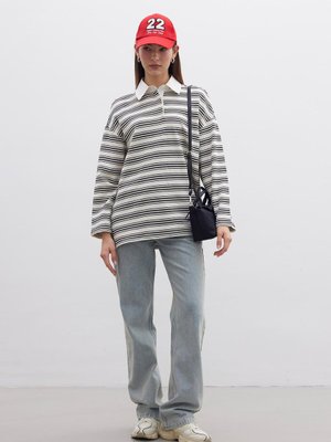 Andy Yakalı Sweatshırt İnce Çizgili Siyah