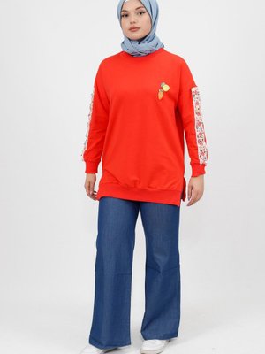 Oranj Kolları Nakış Detaylı İplik Sweatshirt Oranj Kolları Nakış Detaylı İplik Sweatshirt